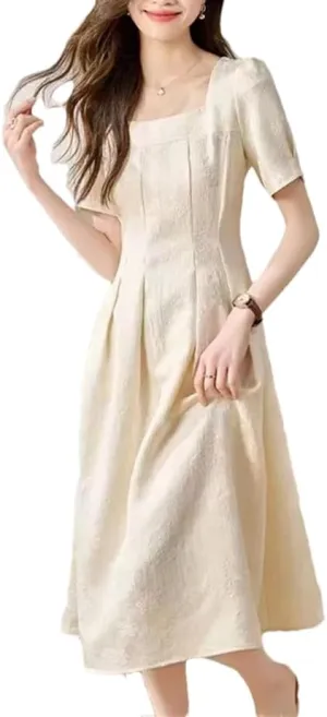Women's Summer Square Collar Solid Color Folds Short-Sleeved Prom Dresses Loose Office Lady Party Dress