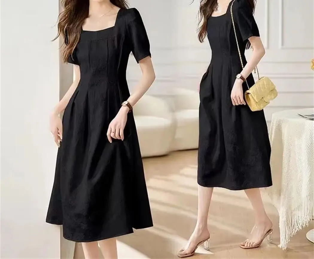 Women's Summer Square Collar Solid Color Folds Short-Sleeved Prom Dresses Loose Office Lady Party Dress