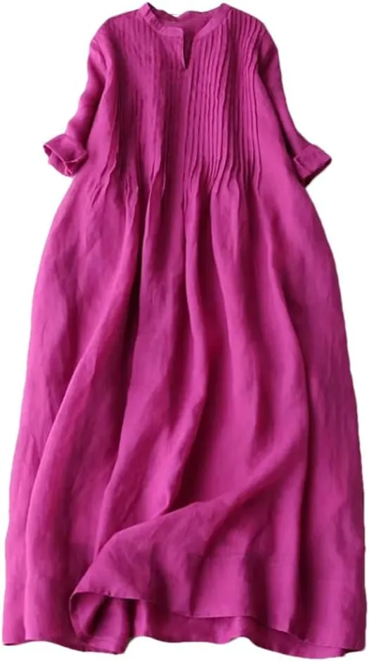 Women's Summer Stand Collar Cotton Linen Folds Robe 3/4 Sleeve Loose Fashion Solid Color Dress