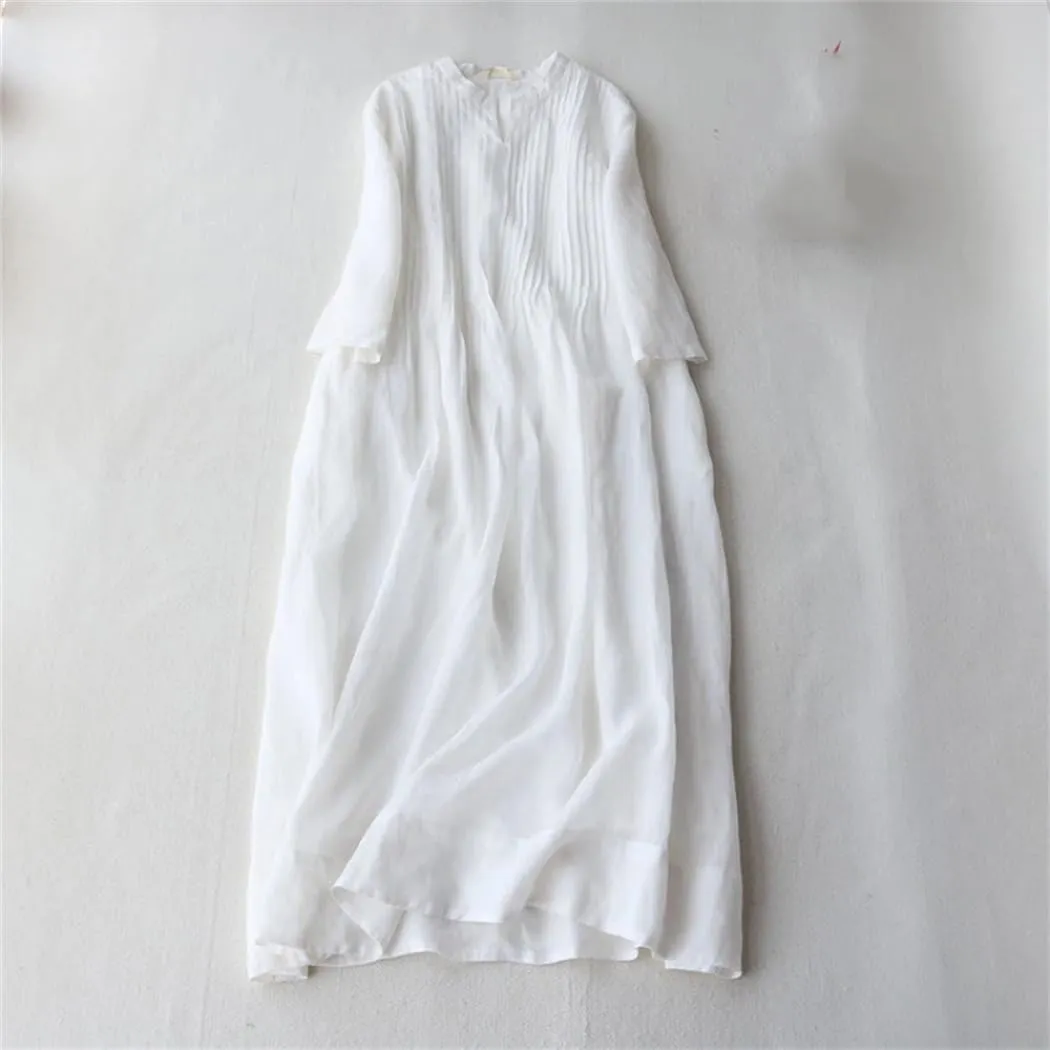 Women's Summer Stand Collar Cotton Linen Folds Robe 3/4 Sleeve Loose Fashion Solid Color Dress