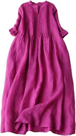 Women's Summer Stand Collar Cotton Linen Folds Robe 3/4 Sleeve Loose Fashion Solid Color Dress