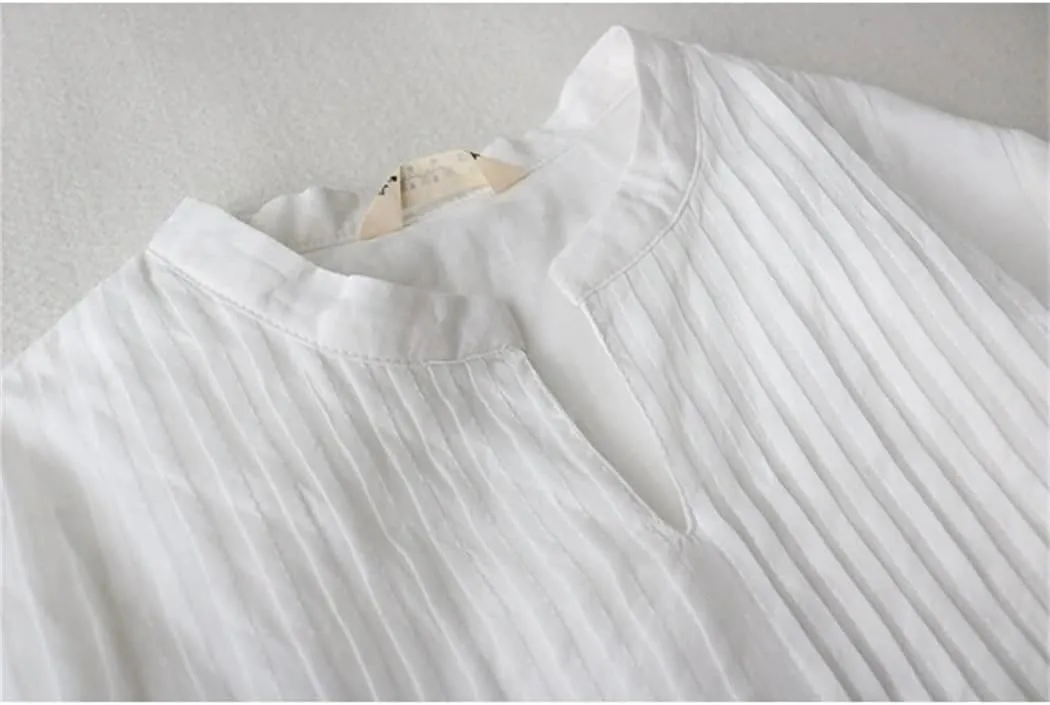 Women's Summer Stand Collar Cotton Linen Folds Robe 3/4 Sleeve Loose Fashion Solid Color Dress