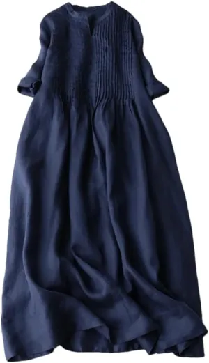 Women's Summer Stand Collar Cotton Linen Folds Robe 3/4 Sleeve Loose Fashion Solid Color Dress