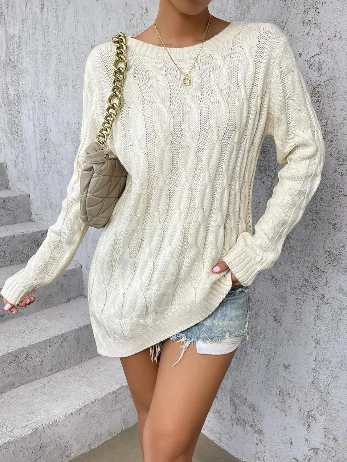 Women's Sweater Asymmetrical Hem Cable Knit Sweater Sweater for Women (Color : Beige, Size : Medium)