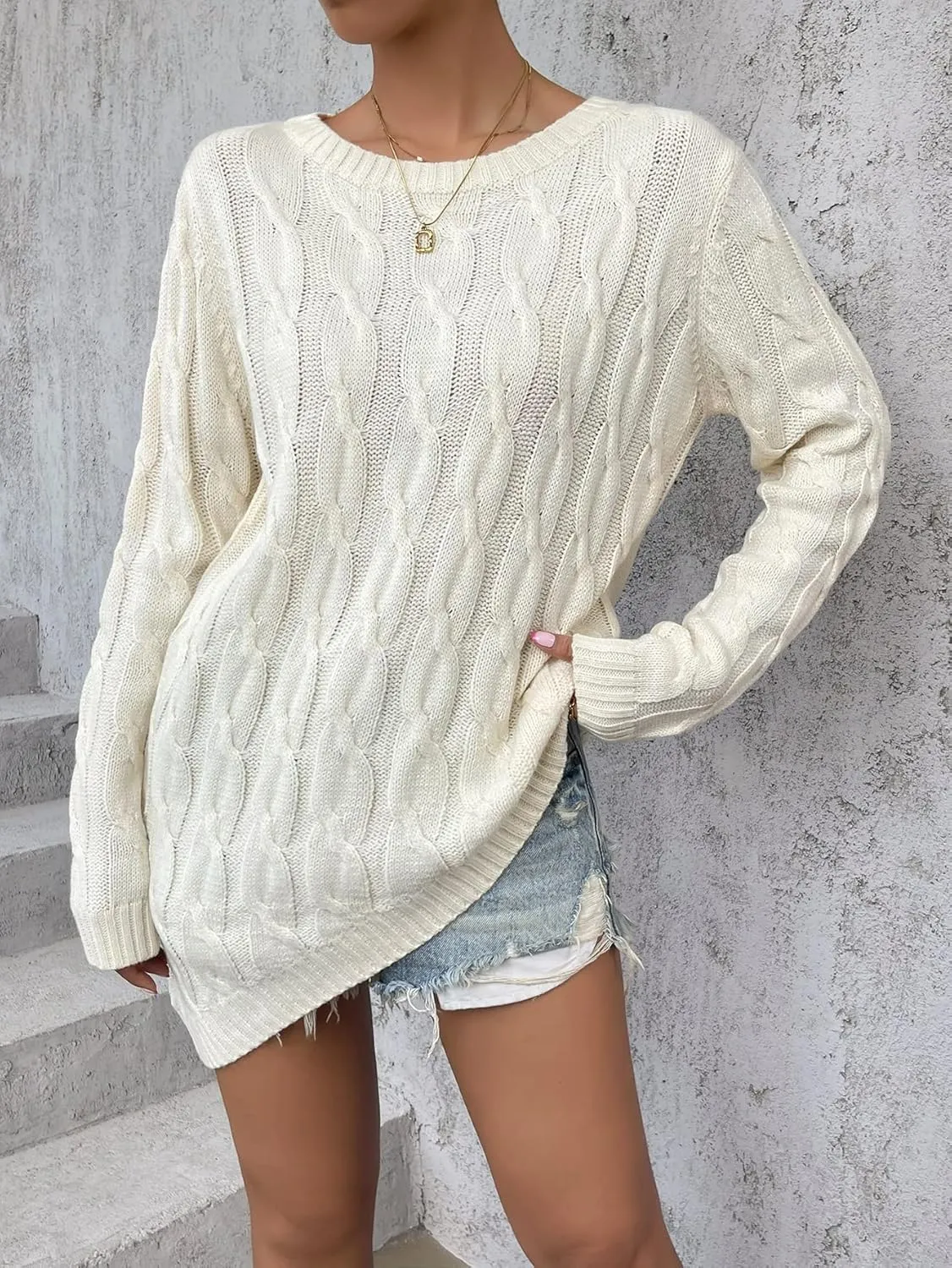 Women's Sweater Asymmetrical Hem Cable Knit Sweater Sweater for Women (Color : Beige, Size : Medium)