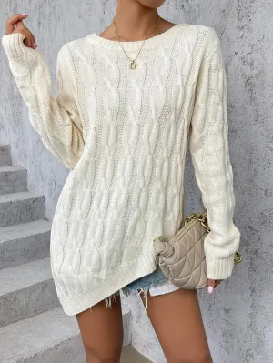 Women's Sweater Asymmetrical Hem Cable Knit Sweater Sweater for Women (Color : Beige, Size : Medium)