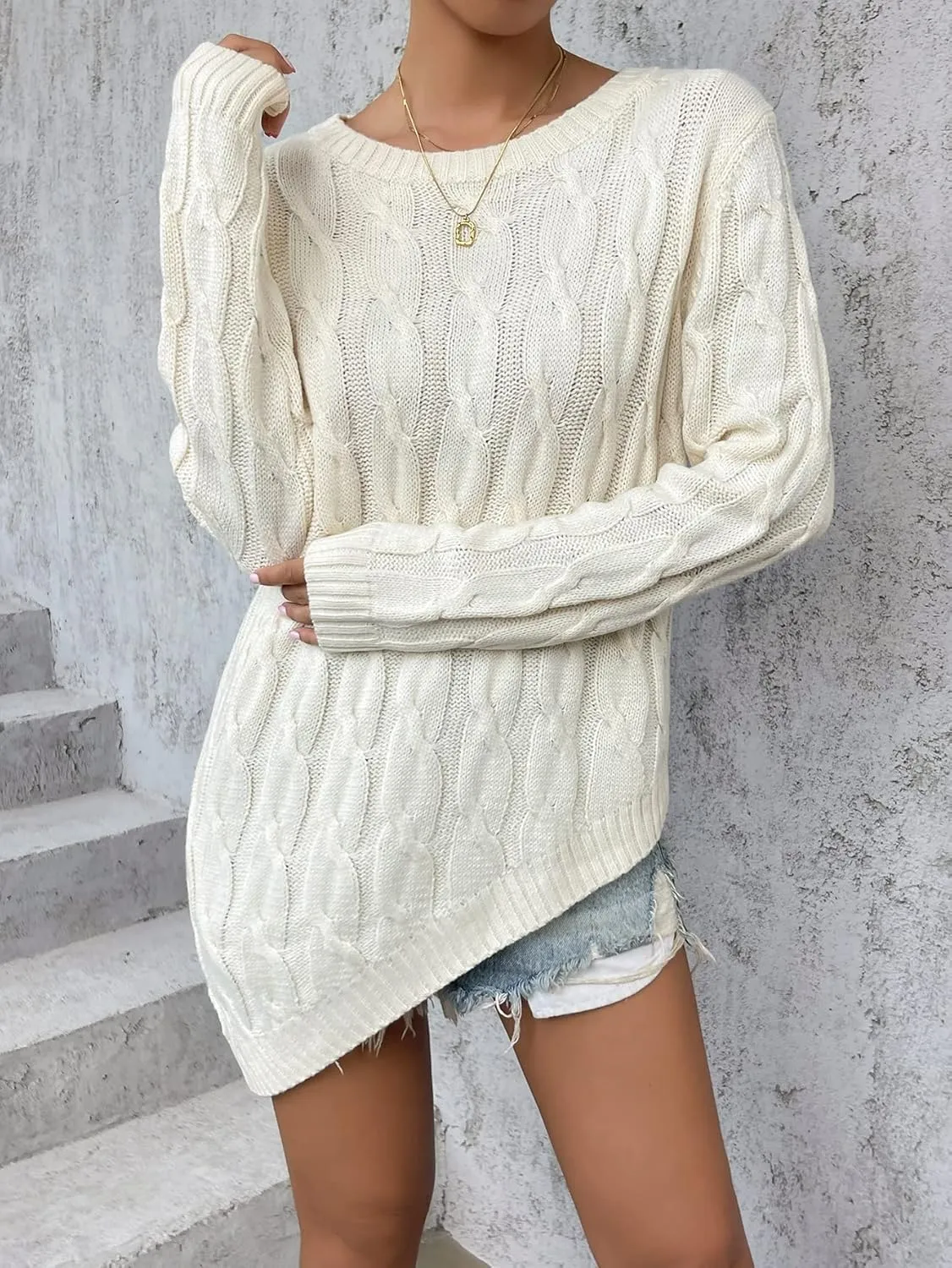 Women's Sweater Asymmetrical Hem Cable Knit Sweater Sweater for Women (Color : Beige, Size : Medium)