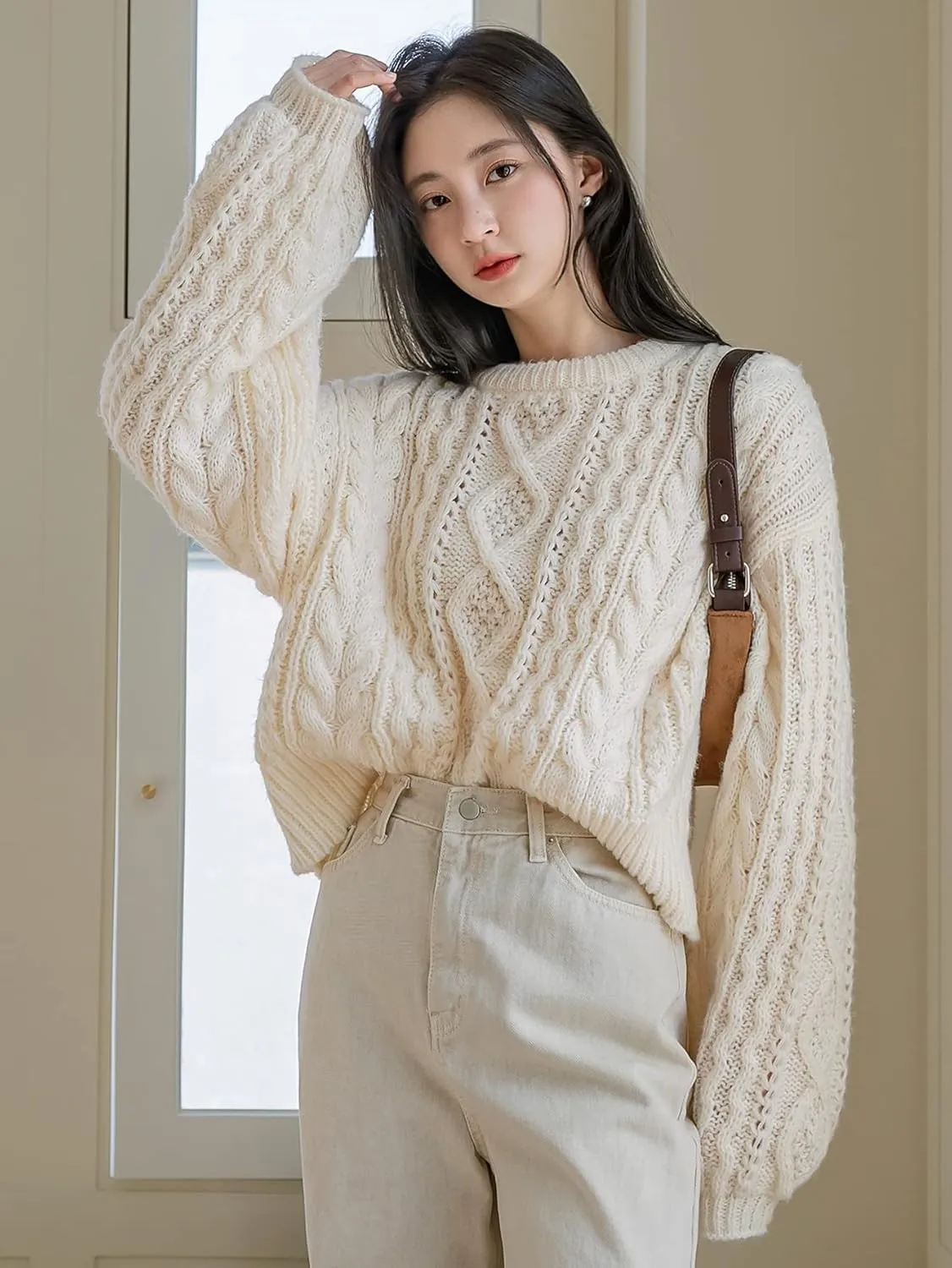 Women's Sweater Cable Knit Drop Shoulder Sweater Sweater for Women (Size : X-Large)