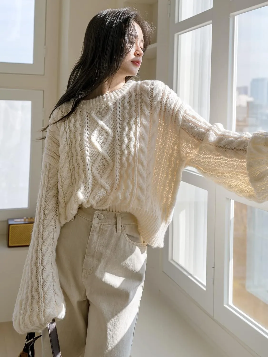 Women's Sweater Cable Knit Drop Shoulder Sweater Sweater for Women (Size : X-Large)