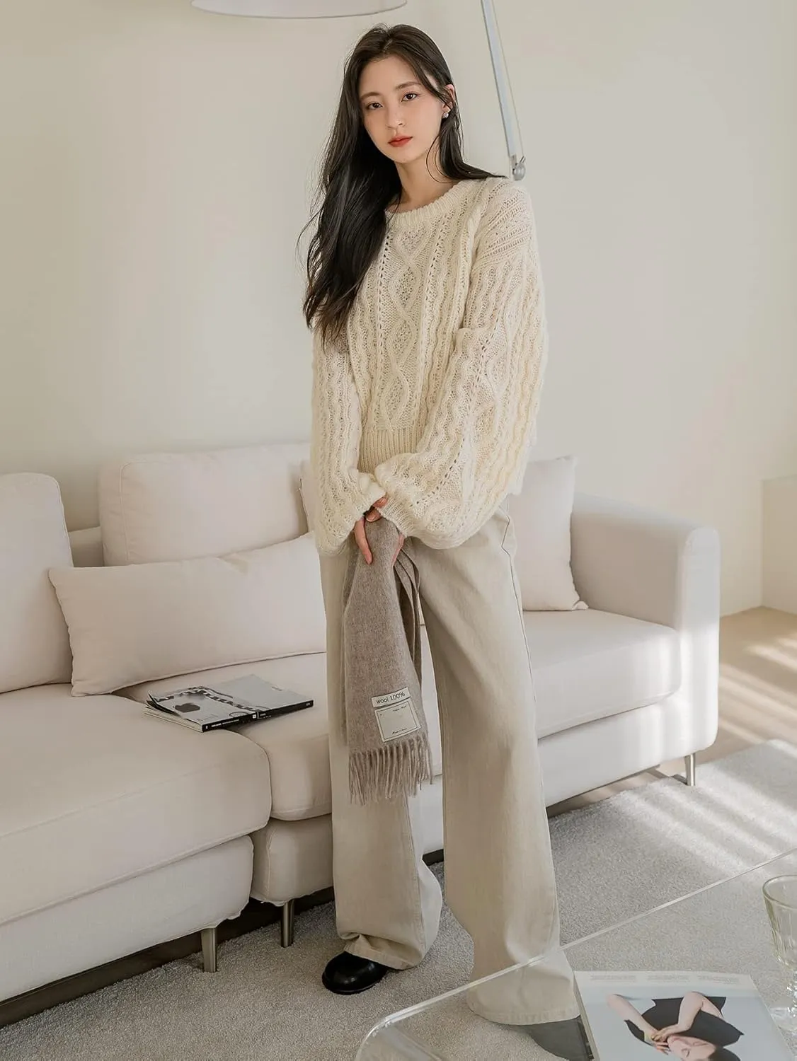 Women's Sweater Cable Knit Drop Shoulder Sweater Sweater for Women (Size : X-Large)