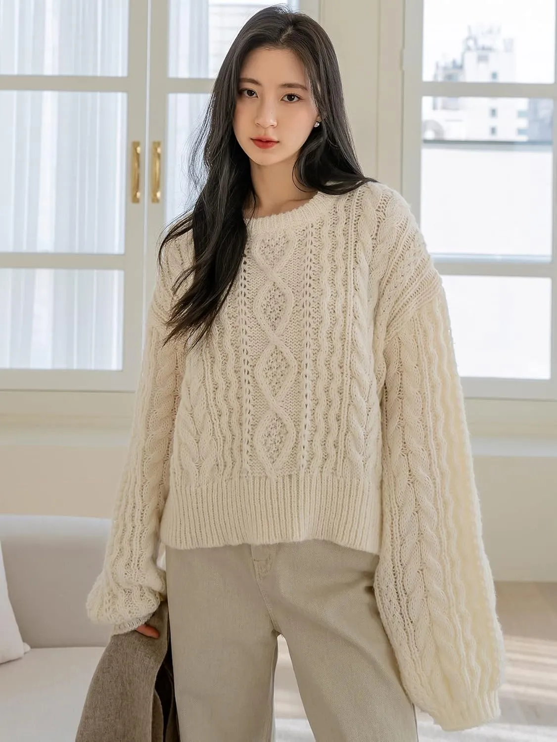 Women's Sweater Cable Knit Drop Shoulder Sweater Sweater for Women (Size : X-Large)