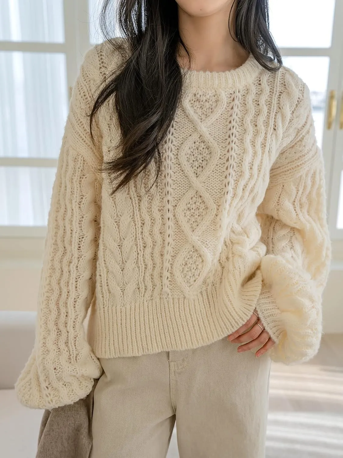 Women's Sweater Cable Knit Drop Shoulder Sweater Sweater for Women (Size : X-Large)