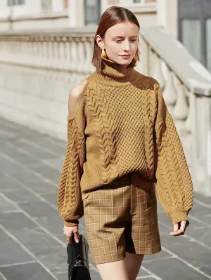 Women's Sweater High Neck Cut Out Cable Knit Sweater Sweater for Women (Size : X-Small)