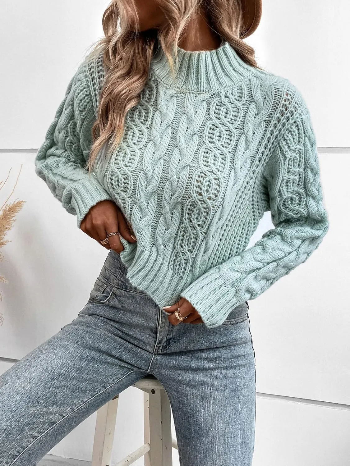 Women's Sweater Mock Neck Cable Knit Sweater Sweater for Women (Color : Mint Green, Size : Small)