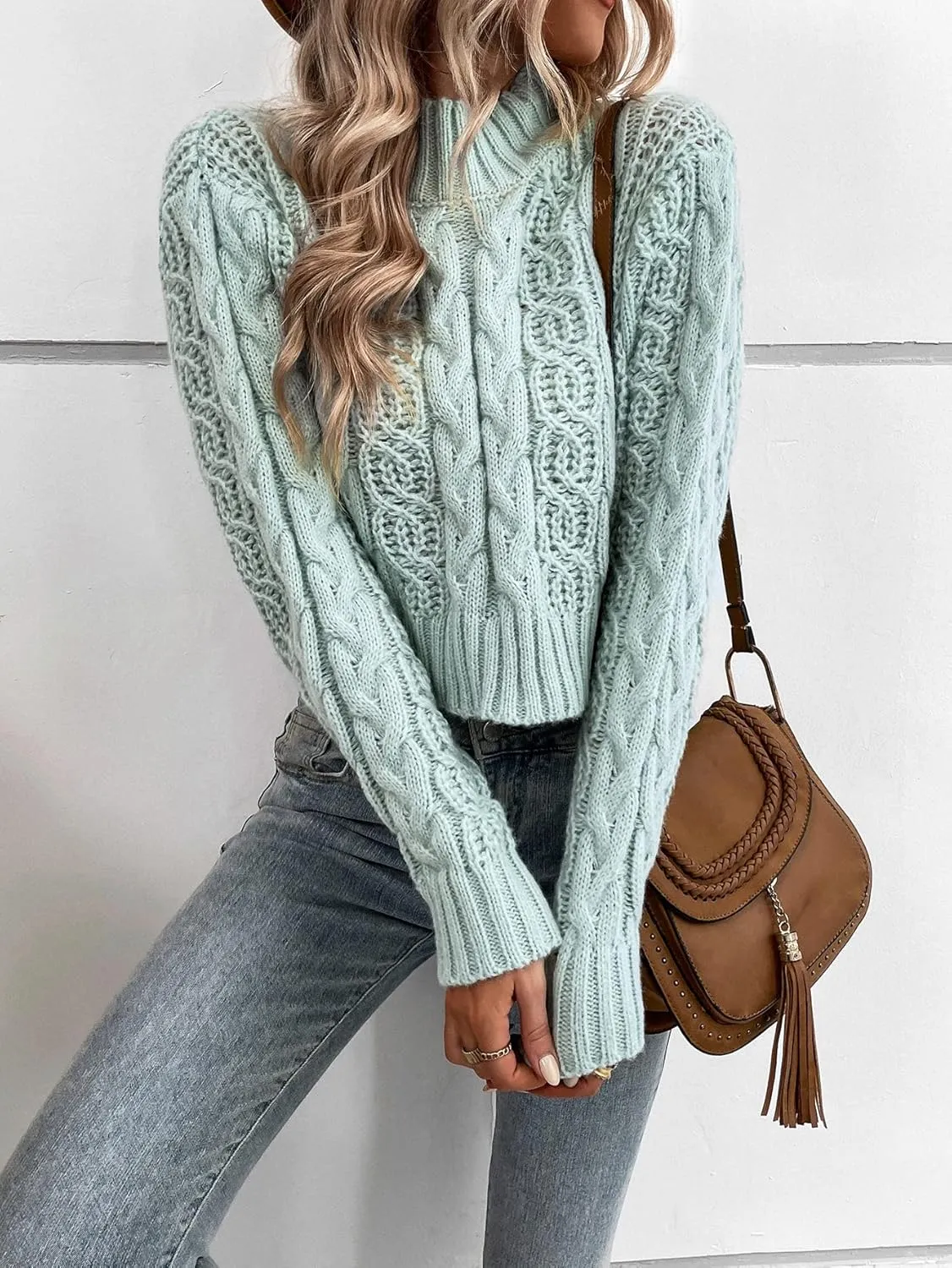 Women's Sweater Mock Neck Cable Knit Sweater Sweater for Women (Color : Mint Green, Size : Small)