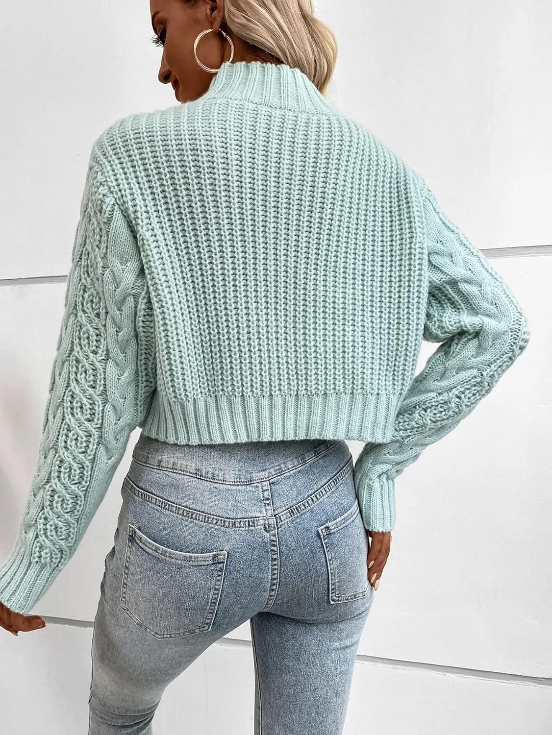 Women's Sweater Mock Neck Cable Knit Sweater Sweater for Women (Color : Mint Green, Size : Small)