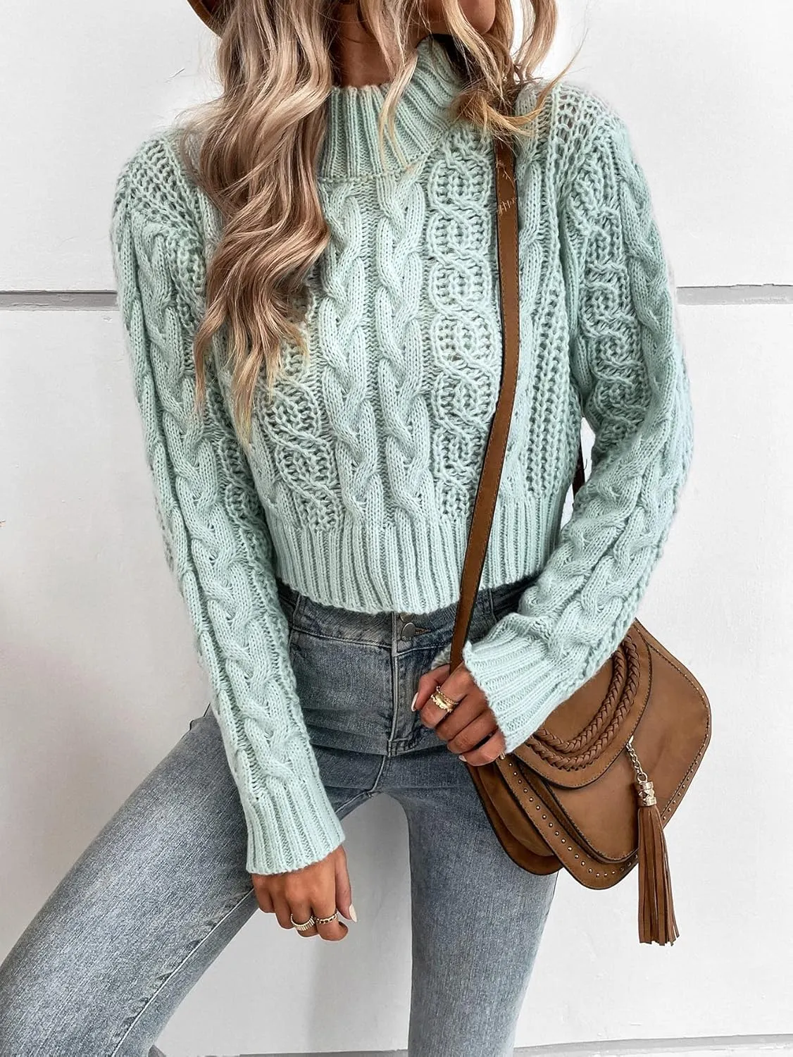 Women's Sweater Mock Neck Cable Knit Sweater Sweater for Women (Color : Mint Green, Size : Small)