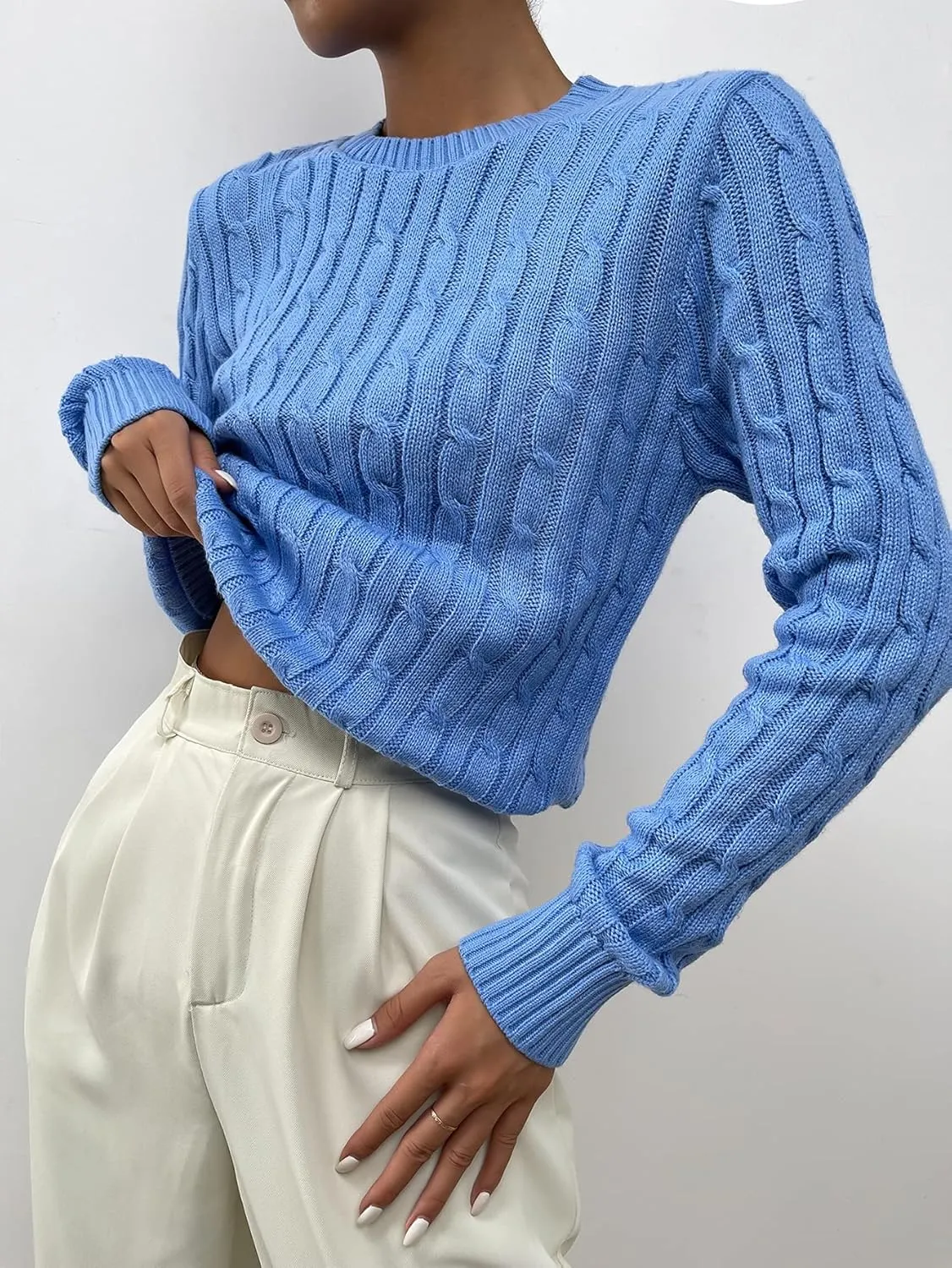 Women's Sweater Solid Cable Knit Sweater Sweater for Women (Color : Blue, Size : Medium)