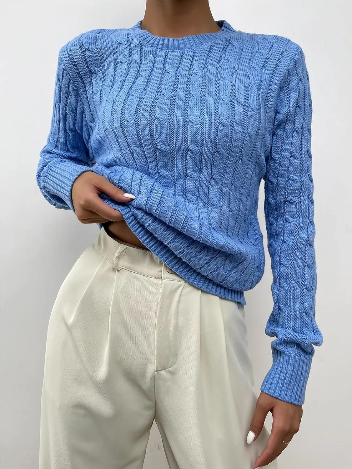 Women's Sweater Solid Cable Knit Sweater Sweater for Women (Color : Blue, Size : Medium)
