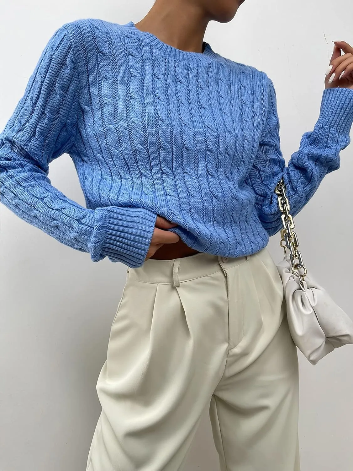 Women's Sweater Solid Cable Knit Sweater Sweater for Women (Color : Blue, Size : Medium)