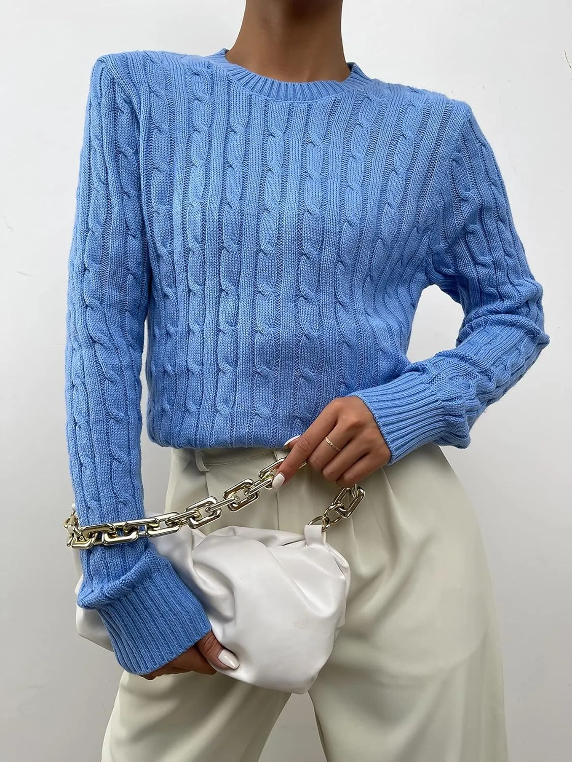 Women's Sweater Solid Cable Knit Sweater Sweater for Women (Color : Blue, Size : Medium)