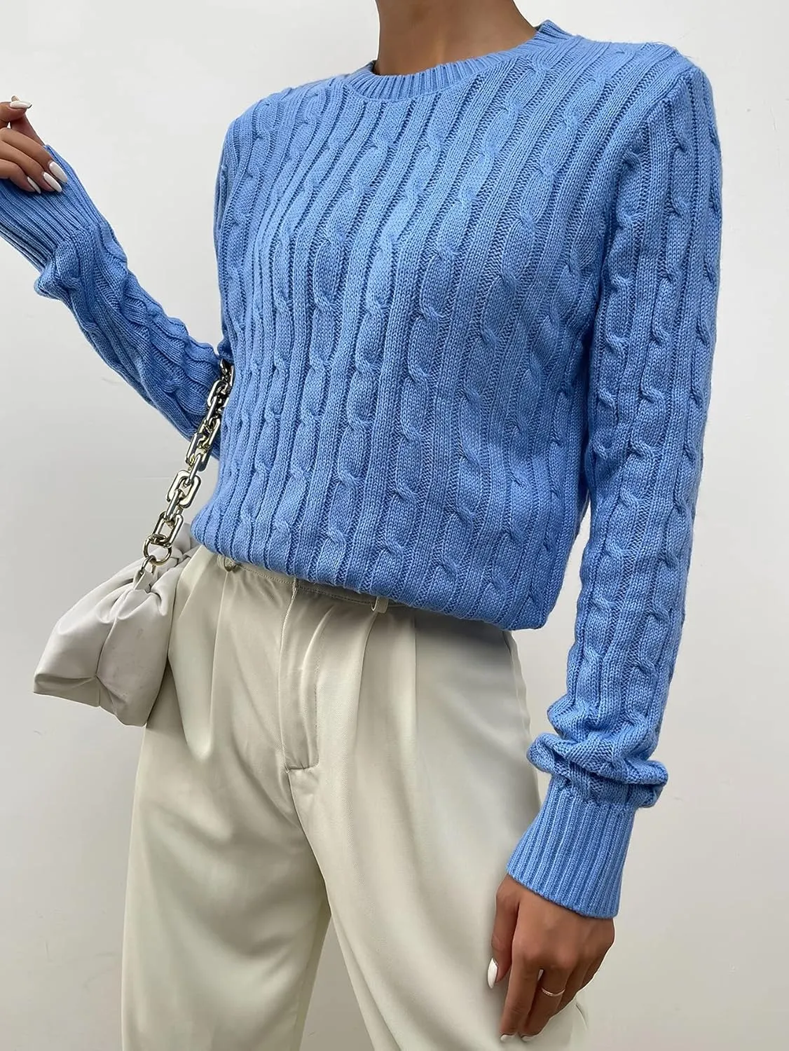 Women's Sweater Solid Cable Knit Sweater Sweater for Women (Color : Blue, Size : Medium)
