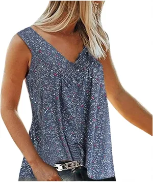 Womens Tank Tops V Neck Floral Printed Shirts Casual Loose Fit Sleeveless Shirts Cute Summer Beach Boho Tank Tees