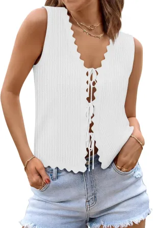 Womens Tie Front Tops Trendy 2025 Summer V Neck Sleeveless Sweater Vests Fashion Cute Crochet Knit Tops