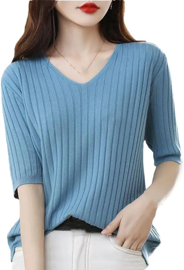 Women's V-Neck Short-Sleeved Sweater Solid Color Knitted Pullover Half Sleeve Slim Fit Shirt