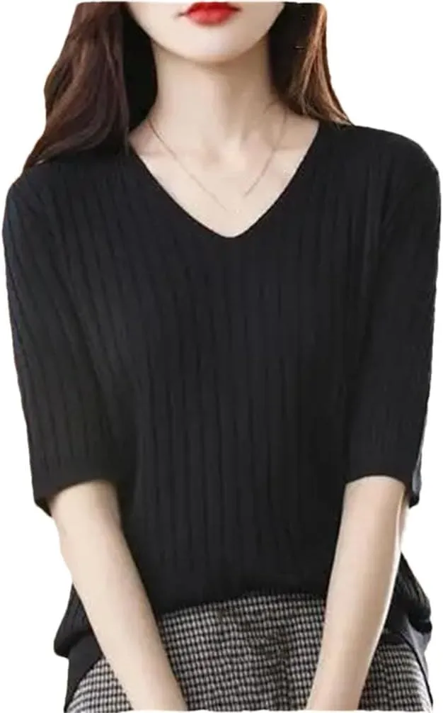 Women's V-Neck Short-Sleeved Sweater Solid Color Knitted Pullover Half Sleeve Slim Fit Shirt