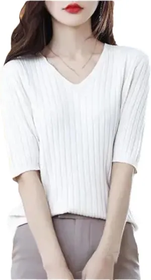 Women's V-Neck Short-Sleeved Sweater Solid Color Knitted Pullover Half Sleeve Slim Fit Shirt