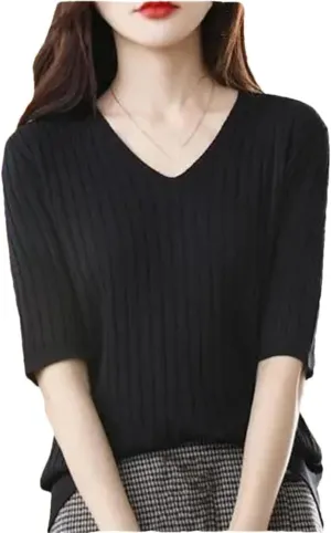 Women's V-Neck Short-Sleeved Sweater Solid Color Knitted Pullover Half Sleeve Slim Fit Shirt