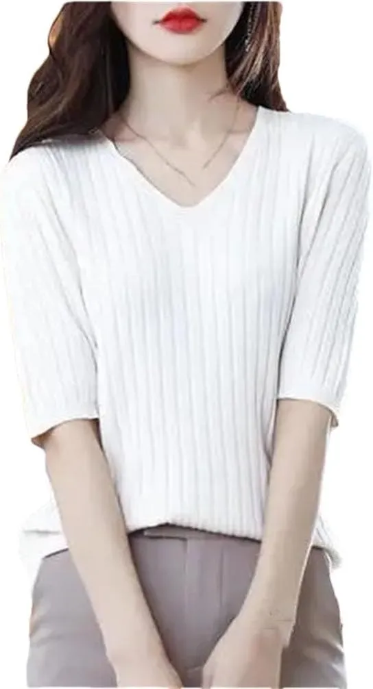 Women's V-Neck Short-Sleeved Sweater Solid Color Knitted Pullover Half Sleeve Slim Fit Shirt