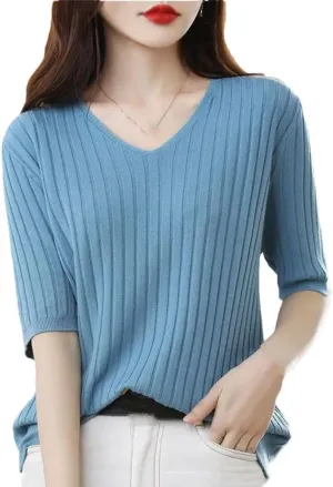Women's V-Neck Short-Sleeved Sweater Solid Color Knitted Pullover Half Sleeve Slim Fit Shirt