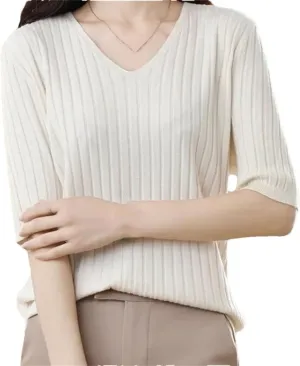 Women's V-Neck Short-Sleeved Sweater Solid Color Knitted Pullover Half Sleeve Slim Fit Shirt