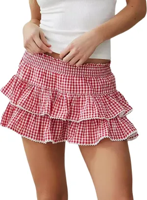 Women's Y2k Ruffle Fairy Skirt Floral Striped Gingham Flowy Mini Skirt Stretchy Waist Layered Pleated Short Skirts