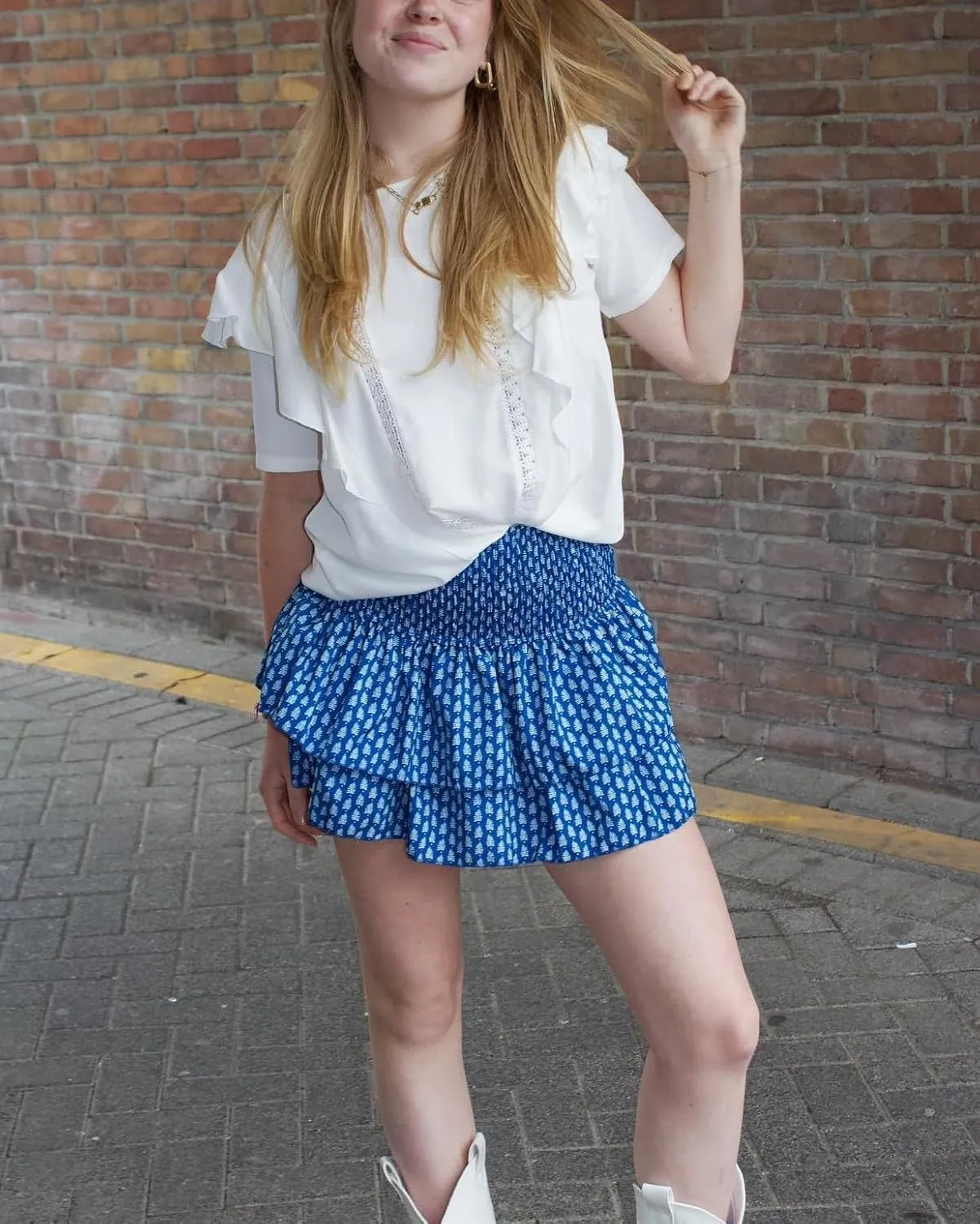 Women's Y2k Ruffle Fairy Skirt Floral Striped Gingham Flowy Mini Skirt Stretchy Waist Layered Pleated Short Skirts