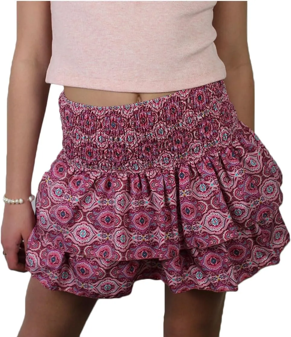 Women's Y2k Ruffle Fairy Skirt Floral Striped Gingham Flowy Mini Skirt Stretchy Waist Layered Pleated Short Skirts