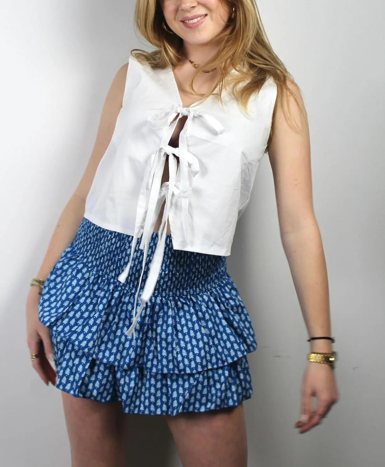 Women's Y2k Ruffle Fairy Skirt Floral Striped Gingham Flowy Mini Skirt Stretchy Waist Layered Pleated Short Skirts