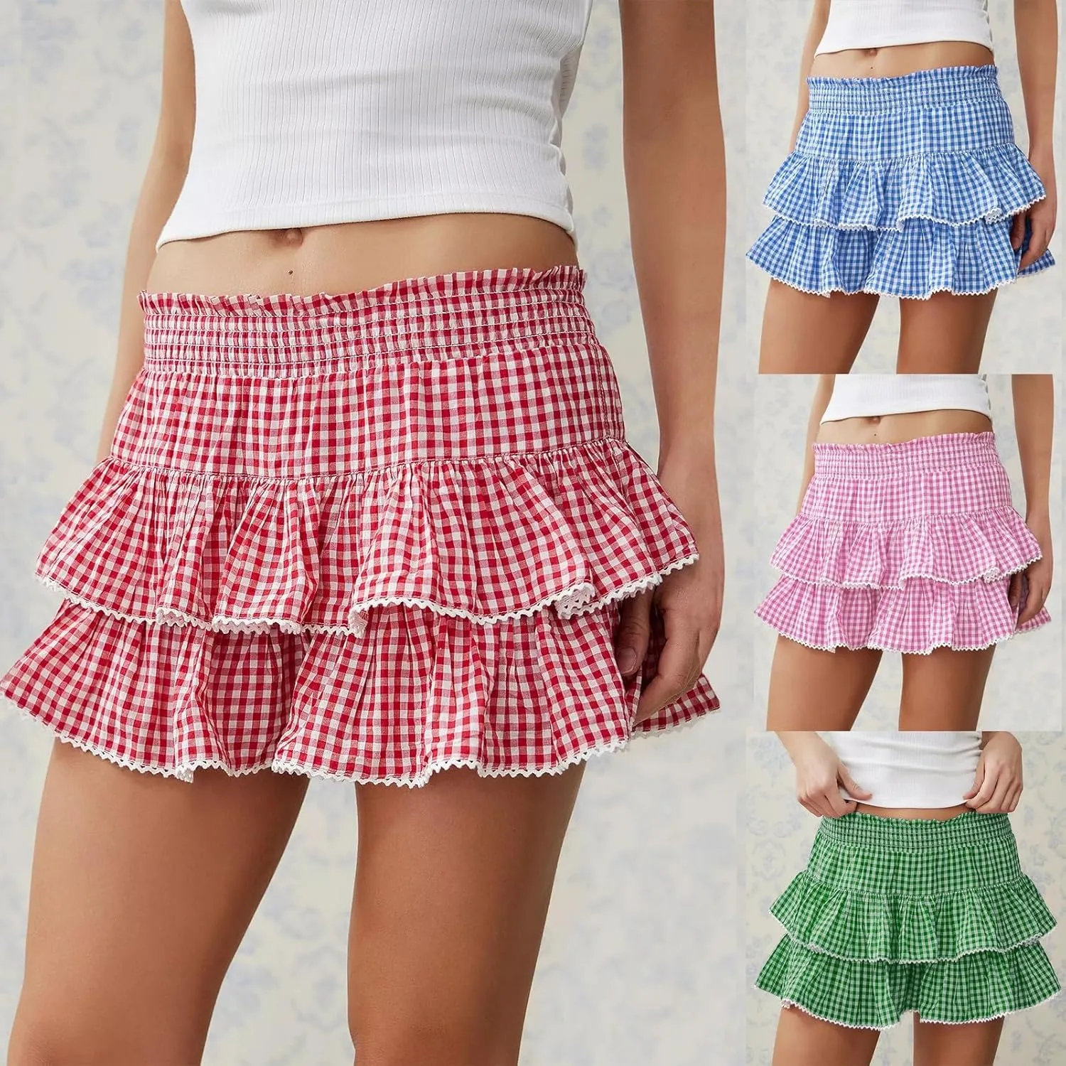 Women's Y2k Ruffle Fairy Skirt Floral Striped Gingham Flowy Mini Skirt Stretchy Waist Layered Pleated Short Skirts