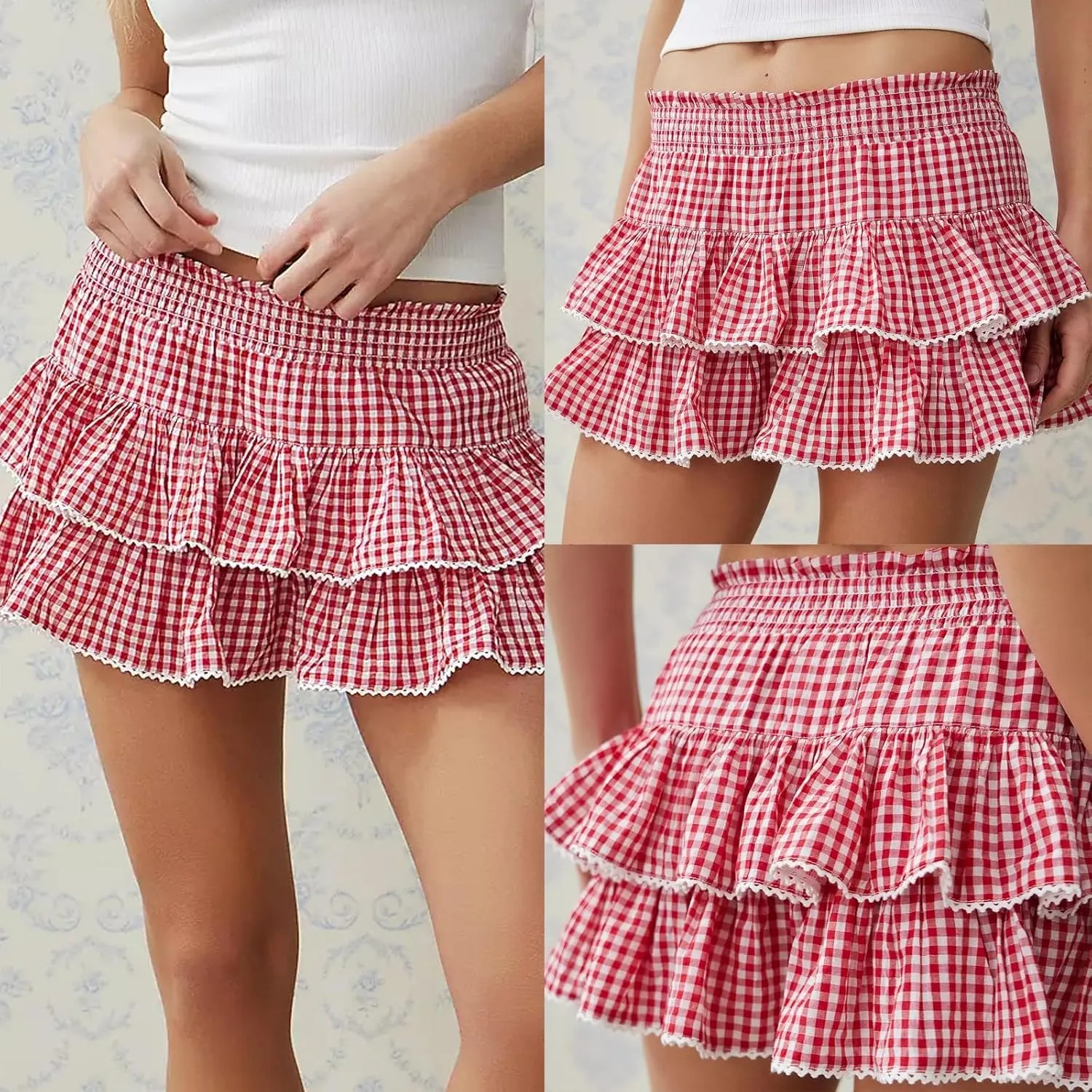 Women's Y2k Ruffle Fairy Skirt Floral Striped Gingham Flowy Mini Skirt Stretchy Waist Layered Pleated Short Skirts