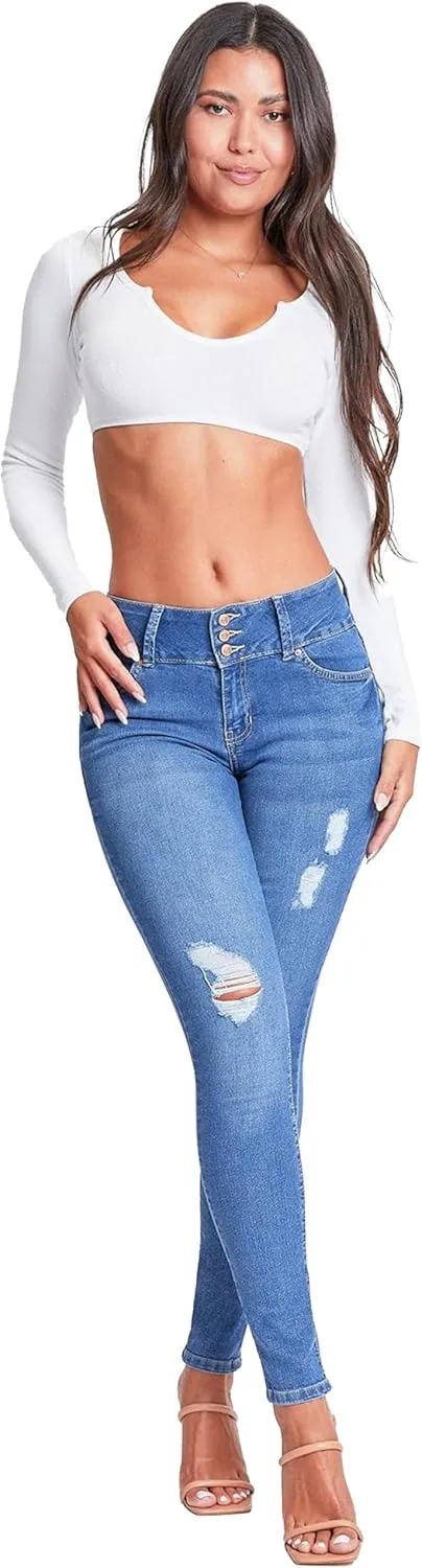 YMI Womens 3-Button High-Rise Skinny Jean Made with Recycled Fibers