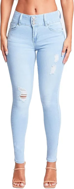YMI Womens 3-Button High-Rise Skinny Made with Recycled Fibers Jeans, Light Blue Rips, 5 US
