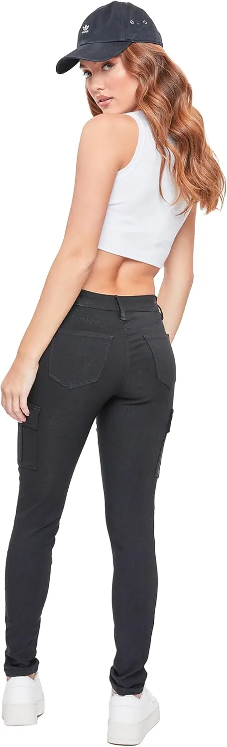 YMI Women's Junior Hyperstretch Button Skinny Cargo Jean