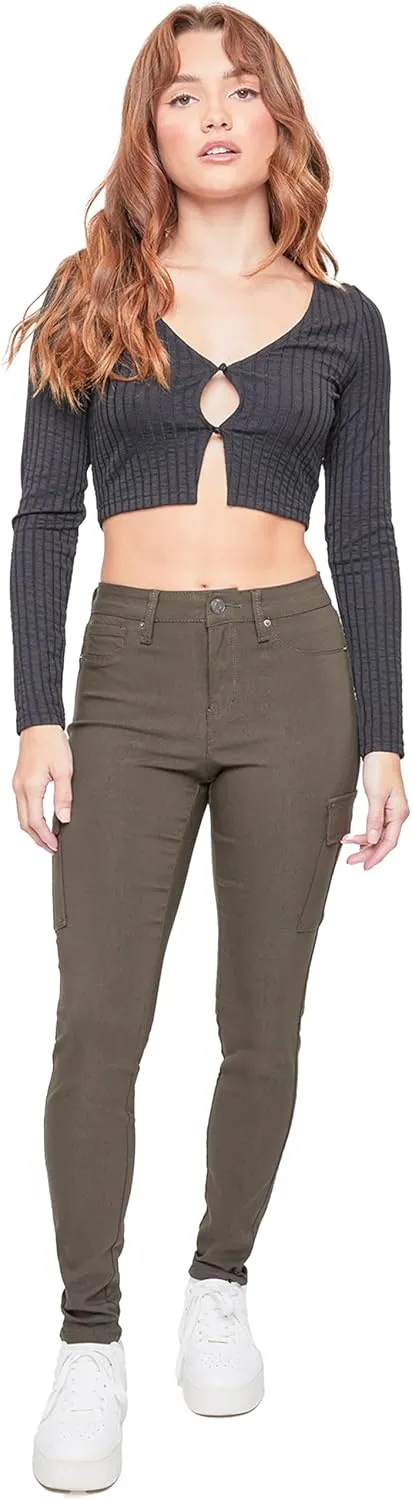 YMI Women's Junior Hyperstretch Button Skinny Cargo Jean