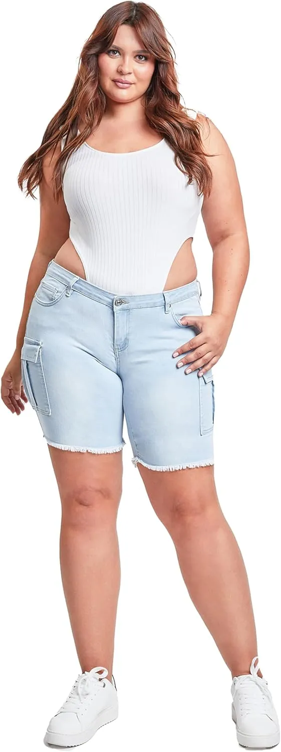 YMI Women's Plus Size Low Rise Frayed Cargo Bermuda Shorts