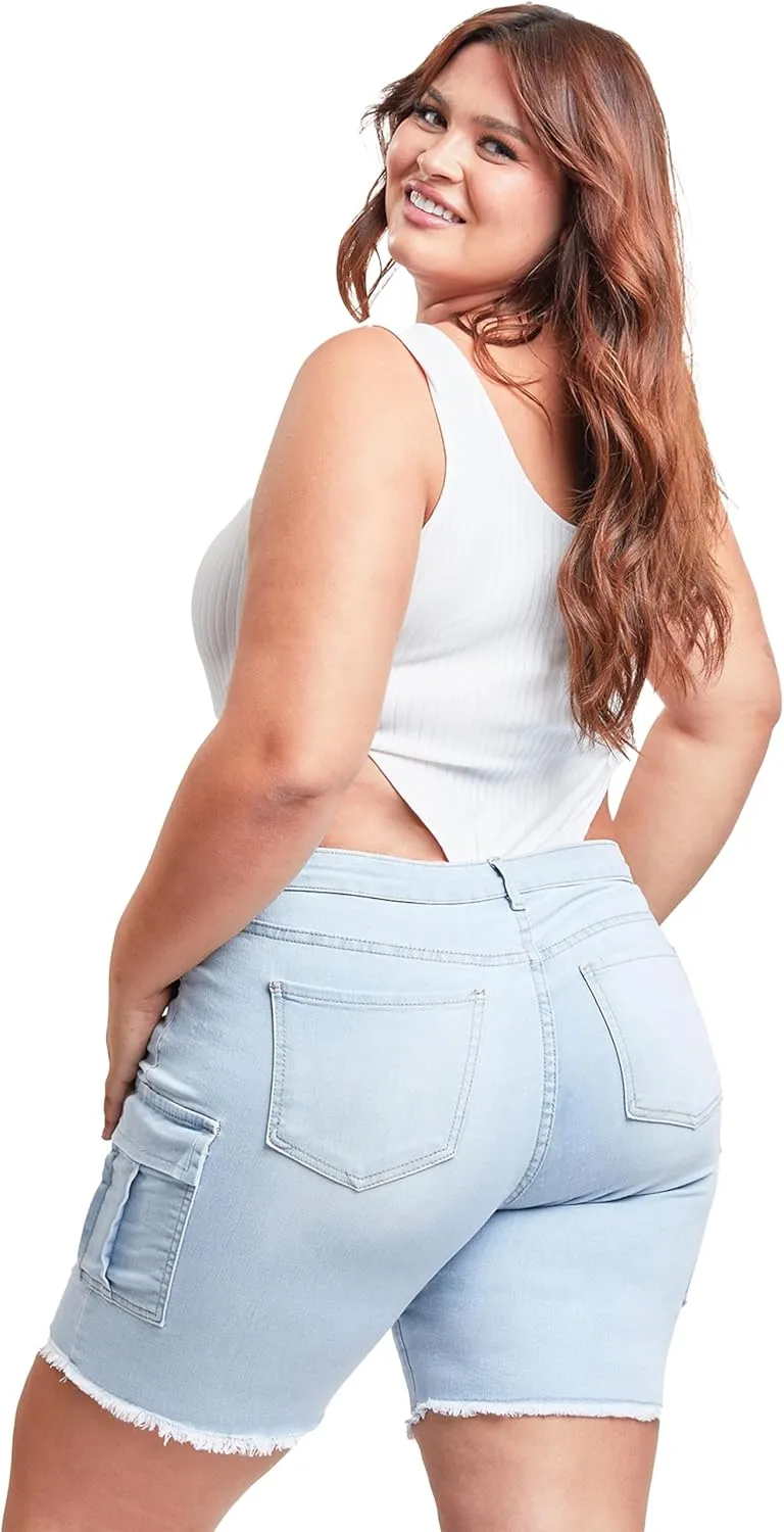 YMI Women's Plus Size Low Rise Frayed Cargo Bermuda Shorts
