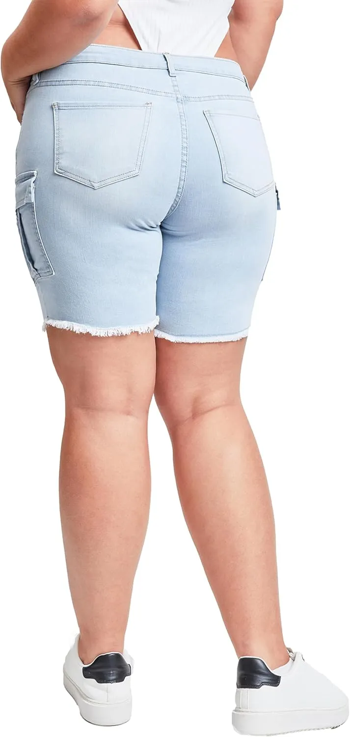 YMI Women's Plus Size Low Rise Frayed Cargo Bermuda Shorts