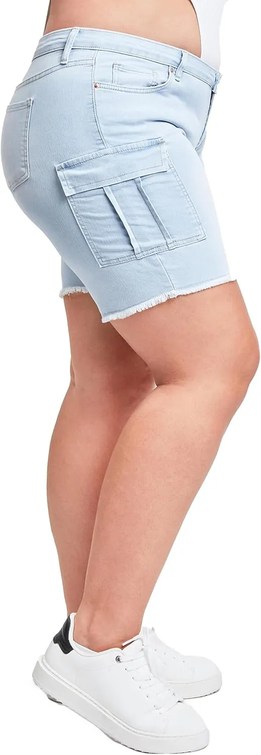 YMI Women's Plus Size Low Rise Frayed Cargo Bermuda Shorts
