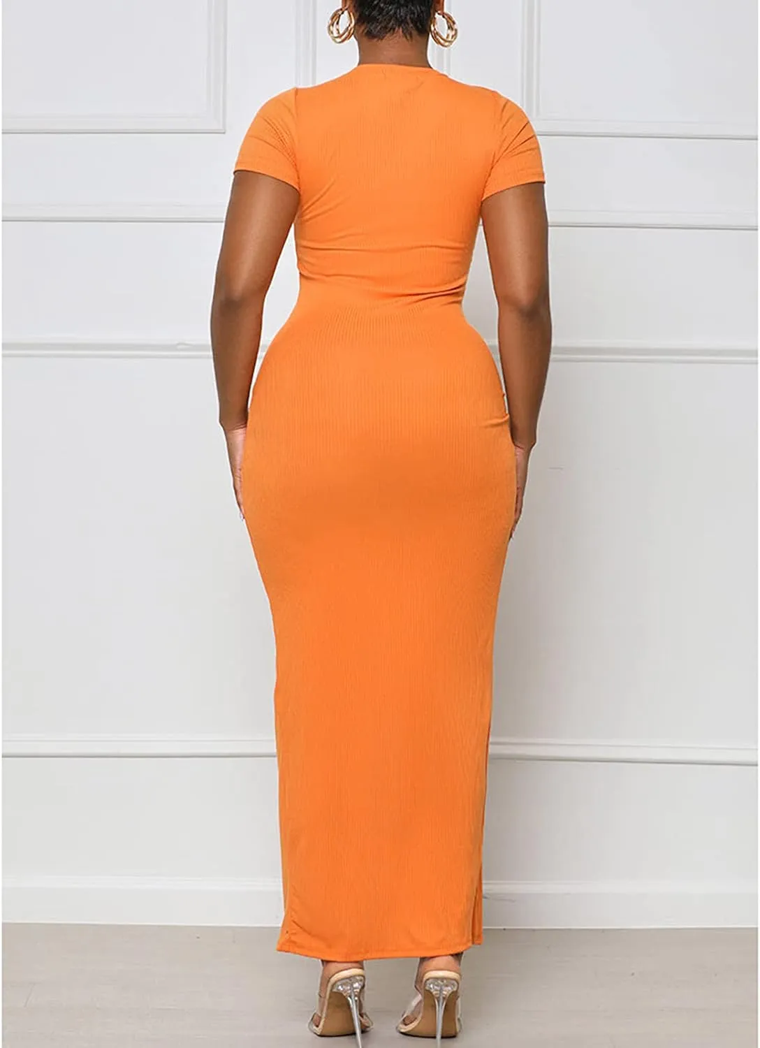 Yuopeid Women's Summer Short Sleeve Round Neck Bodycon Dress Ruched Drawstring Sexy Split Cocktail Maxi Dress